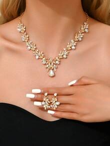 3件套奢华婚礼派对女士礼服水钻装饰珠宝时尚闪亮项链耳环套装，舞会礼服珠宝配饰 - 金色 - 查看 17