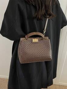 Dedoo 时尚欧式复古编织图案女士双面设计手提包，定制印花防刮材质，节日礼物，中年妈妈包，大容量满足日常出行和购物需求，可单肩背或斜挎通勤。 - 咖啡 - 查看 3