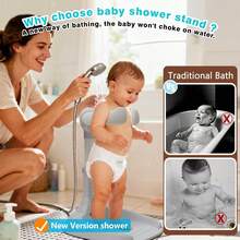 Baby Shower Stand With Anti-Slip Base & Anti-Pinch Silicone, Adjustable Foldable Baby Bath Support For Toddlers 6-36 Months, Portable Standing Helper With Shower Holder | Soporte Para Bañera De Bebé - 灰色 - 查看 8