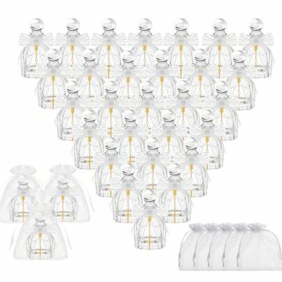 32个/套圣水瓶，50毫升玻璃圣水容器，配金色十字架手镯，空容器，适用于天主教、基督教教堂、万圣节、初领圣体、洗礼派对礼品（白色蝴蝶结）