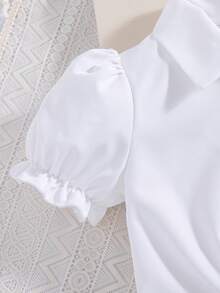 2pcs/Set Young Girls Summer New Solid Color Puff Sleeve Cardigan With Button Collar Casual Shirt + Bow Decor Suspender A-Line Casual Dress Set - Multicolor - View 10