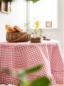 1pc French Ruffled Plaid Girly Korean Style Red & Green Checkered Ruffled Decorative Fabric For Dining Table, Living Room, Suitable For Daily Decor And Holidays - Red - View 5