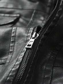 Retro Men's Hooded PU Leather Jacket, Double Zipper Motorcycle Style Coat With Ribbed Cuffs, Water-Resistant Windbreaker With Functional Pockets For Daily & Outdoor - màu đen - Xem 9
