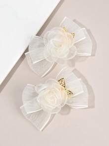 2pcs Beige Tulle Hair Bows For Girls Rose Shaped Decor Bow Alligator Clips Elegant Wedding Hair Clips Vacation Barrettes Simple Daily Hairpins Teens Hair Accessories - Beige - View 8