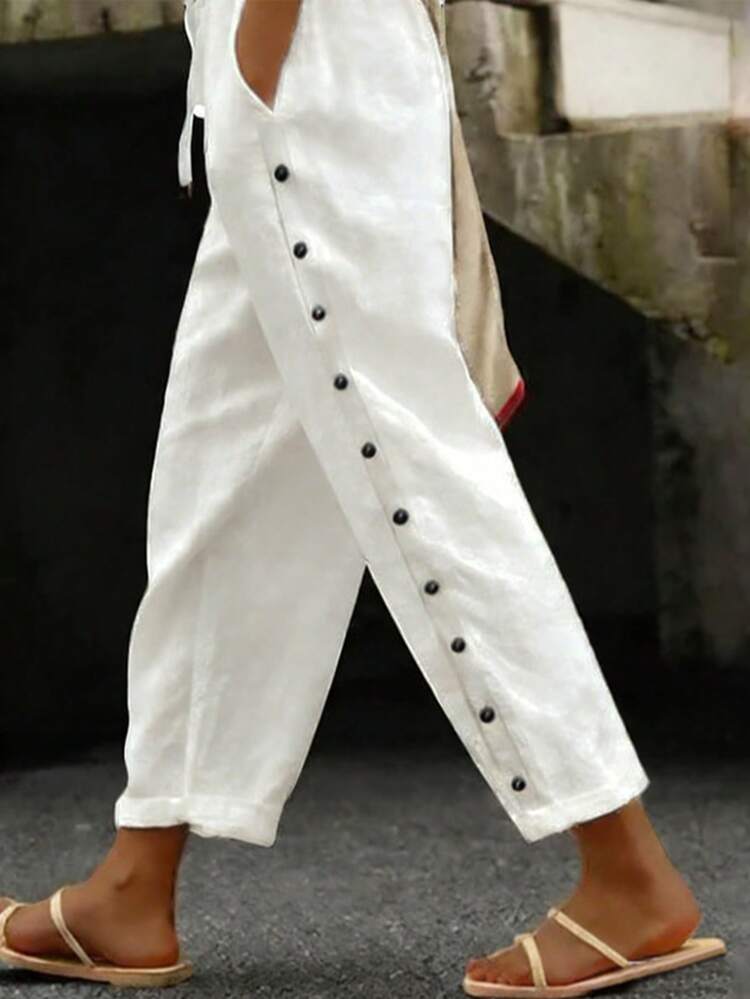 Women's Solid Color Elastic Waist Drawstring Side Button Pocket Casual Pants, Suitable For Daily, Home And Outdoor Occasions Spring White - White - View 2