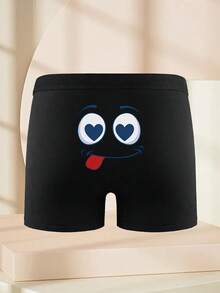男士黑色平角内裤，印有笑脸图案，弹性舒适，日常穿着 - 黑色 - 查看 1