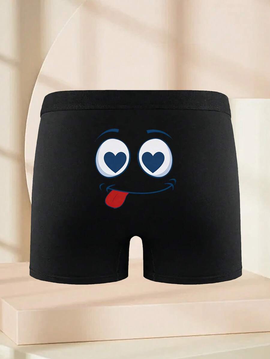 男士黑色平角内裤，印有笑脸图案，弹性舒适，日常穿着 - 黑色 - 查看 1