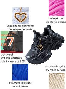 Giày thể thao nữ tăng chiều cao 7cm, kiểu dáng casual, thời trang với dây xích trang trí hình trái tim vàng 3D dễ thương có thể tháo rời, đế EVA dày, giày cao gót màu đen, nhẹ, mềm, chống sốc, mũi tròn, buộc dây, phù hợp cho sinh viên đại học, thanh thiếu niên, mặc hàng ngày, hẹn hò, tập thể dục, công sở, màu đen, cỡ lớn. - màu đen - Xem 3