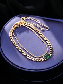 2pcs Alloy Green Square Bracelet, Double Layer Round Snake Chain Inlaid With Green Cubic Zirconia, Shiny Men's Fashion Jewelry Suitable For Daily Wear - Yellow Gold - View 3