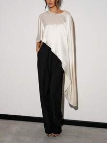 Women Asymmetrical Hem Poncho Shawl Wraps Satin Silky Round Neck Dressy Cape Top Flowy Loose Fit Cover Up Blouse - 白色 - 查看 2