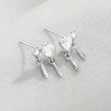 1pc Fashionable Unique Hanging Elegant 925 Sterling Silver Cubic Zirconia Heart Stud Earrings, Suitable For Women To Wear On Vacation, Party, Wedding, And Daily Occasions - Silver - View 4