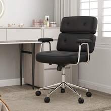 COSTWAY Office Chair, PU Leather Upholstered Desk Chair With Button Tufted Back & Padded Armrests, Height Adjustable Swivel Chair With Rocking Function & Rolling Wheels For Home Office, Black - Black - View 4