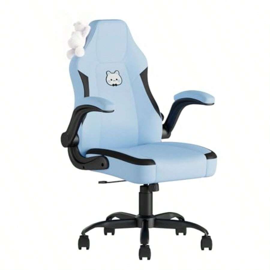Submi - Silla de computadora ergonómica para adultos silla de computadora con soporte lumbar y reposabrazos abatibles silla de oficina de piel sintética para el hogar cómoda silla de PC Gamer - Azul claro - Ver 1