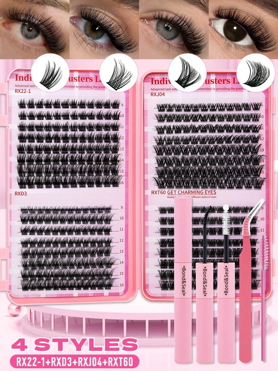 384PCS D Curl Cluster Lashes Book Kit, High Capacity Individual Lash Clusters Mixed 9-16mm Natural Look Wispy Soft And Comfortable False Eyelashes Long-Lasting Individual Lashes Kit With Lash Bond&Seal  Tweezers And Lash Brush - 黑色 - 查看 1