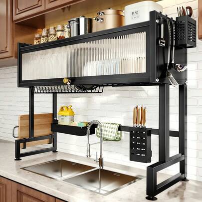 Escurridor de platos con solapa para sobre el fregadero, extensible, para encimera, con cubertero y escurridor, ahorra espacio. Organizador de platos de 3 niveles, cubertero, cesta, tabla de cortar, 6 ganchos (85 x 30 x 80 cm)