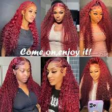 34 Inch 99J Burgundy Deep Wave 13x4 Lace Front Wigs Human Hair 200% Density Lace Frontal Wigs Blended Human Hair Pre Plucked 99j Burgundy Deep Curly Wave HD Lace Front Wigs For Women - SBUG - View 5