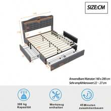 Polsterbett 140*200 Cm, Nachttisch Mit USB-Ladeanschluss Und Ablage, Doppelflachbett Mit 4 Schubladen, Leinenstoff Grau - Grey - View 2