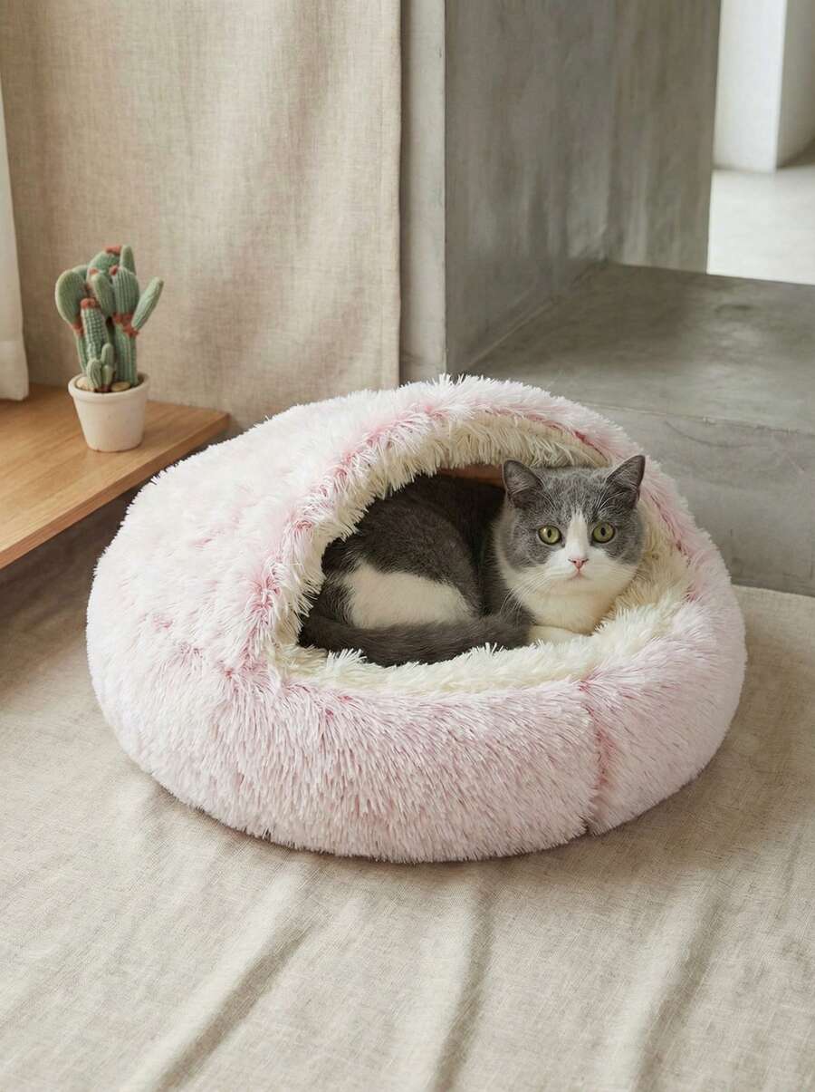 PETSIN 1 件毛绒圆形宠物床，蓬松柔软猫床，甜甜圈宠物垫，冬季二合一猫床，温暖睡袋沙发垫 - 粉色 - 查看 1