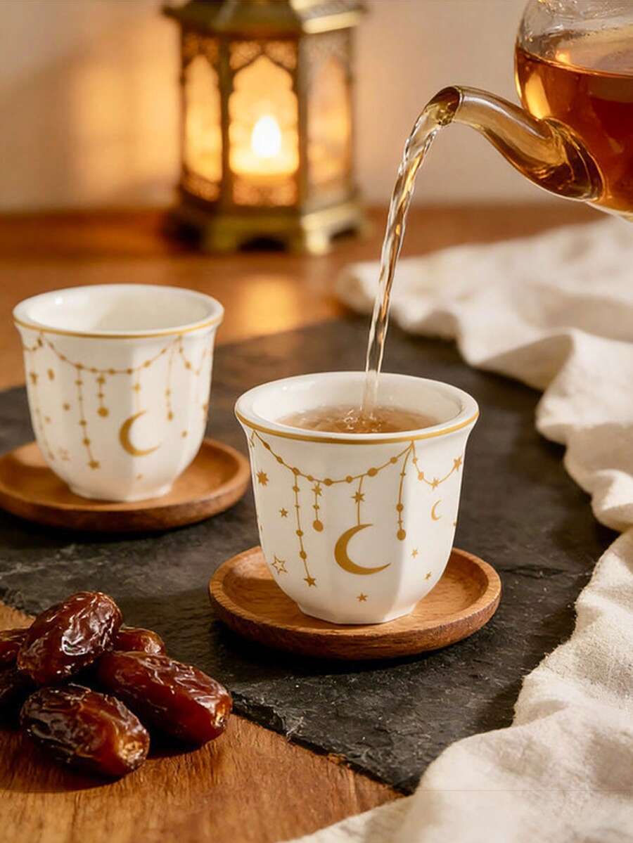 1 Stück Keramik Kaffeebecher mit Gold Mond- und Sternmuster, 180ml/250ml Fassungsvermögen, orientalischer Teebecher, geeignet für Tee, Espresso, Latte, Cappuccino, Milch, Saft, ideal für Zuhause, Küche, Restaurant, Café, Geschenk zu Feiertagen