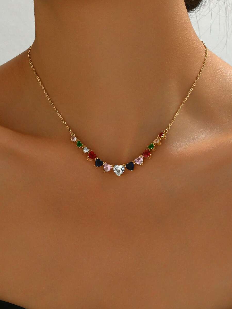1pc Luxurious Elegant Rainbow Heart Zirconia Inlaid Clavicle Chain, Women's Valentine's Day Confession Gift Choice (Heart Pendant Color Random) - Multicolor - View 1