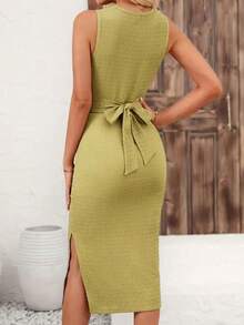 QUNGIGU Vestido midi sin mangas para mujer, diseño elegante de cuello redondo acanalado con abertura lateral, detalle de cruce en la cintura, adecuado para invitados de boda, fiestas de noche, eventos de cóctel - Verde Lima - Ver 8