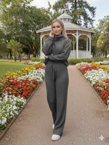 Set Of Pants And High Neck Cacharrel Mousse Knitting Tricot Blouse - Dark Grey - View 1