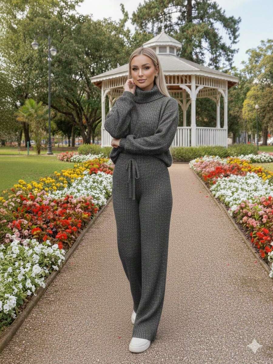 Set Of Pants And High Neck Cacharrel Mousse Knitting Tricot Blouse - Dark Grey - View 1