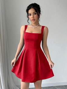 Short A-Line Dress With A Square Neckline, Thin Straps, And A Defined Waist; Retro And Elegant Style, Ideal For Dates, Parties, Vacations, And Other Occasions. - 紅色 - 查看 1