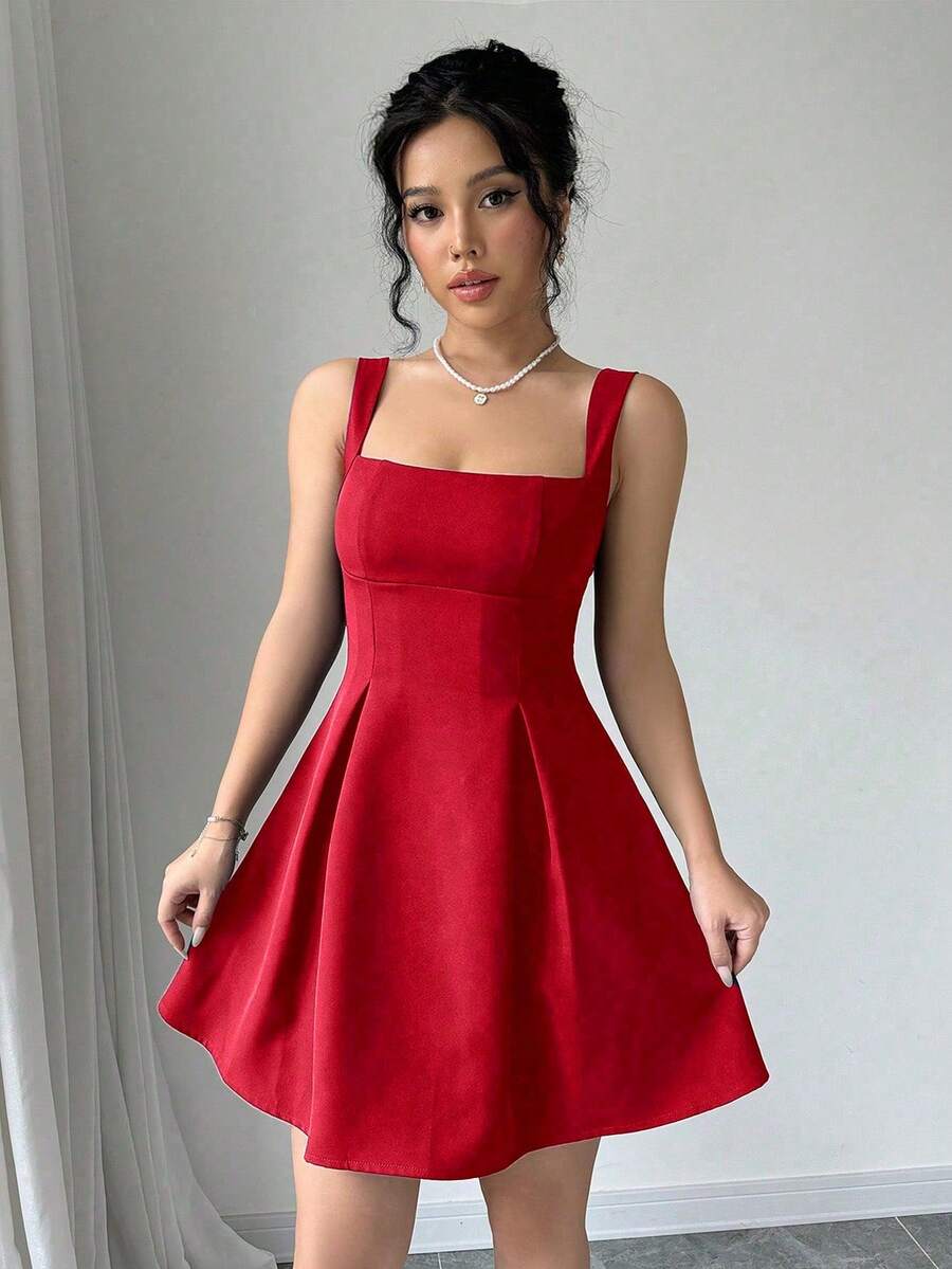 Short A-Line Dress With A Square Neckline, Thin Straps, And A Defined Waist; Retro And Elegant Style, Ideal For Dates, Parties, Vacations, And Other Occasions. - 紅色 - 查看 1