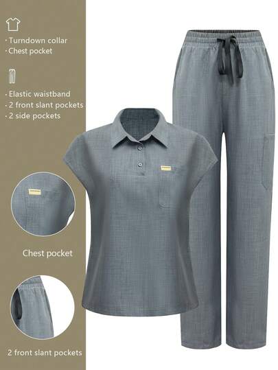 2 piezas Conjunto de uniforme de top con cuello y pantalones con múltiples bolsillos para mujeres, Uniformes de enfermera para dentista, atención médica, hospital veterinario, laboratorio