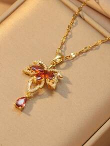 1pc Women's Zirconia Maple Leaf Pendant Necklace, Versatile Choker, Elegant & Fashionable, Vibrant Colors, Suitable For Multiple Occasions - Yellow Gold - View 6