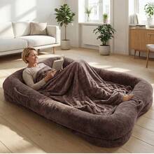 Giant Pet Mattress With Pocket, Human Dog Bed Washable Large Cuddle Bed, Non-Slip Plush Dog Cushion With Blanket, Brown Home Decor - 鏽棕色 - 查看 8