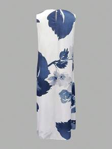 Printed Round Neck Colorblock Front Short Back Long Sleeveless Blouse For Women, Casual Versatile Sleeveless Top Vacation Summer - Blue and White - View 7