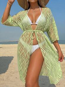 Women's Solid Color Jacquard Off-Shoulder Long Sleeve Beach Cover-Up With Waist Tie - Green - View 2