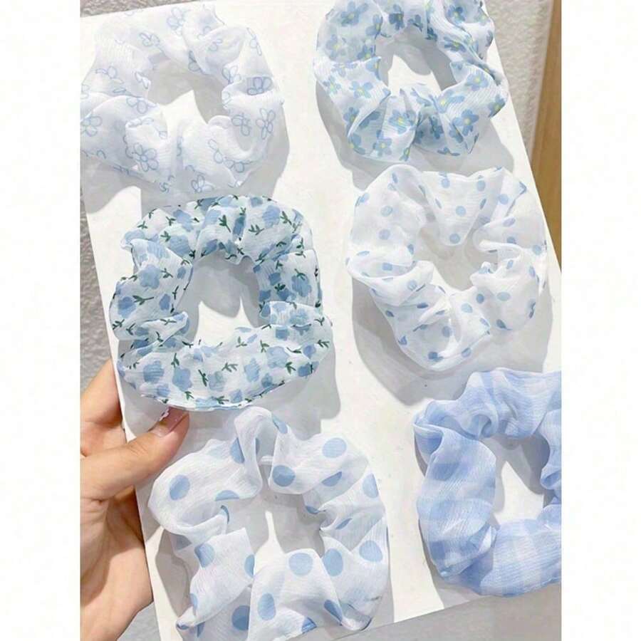 6pcs Blue Scrunchie Hair Ties, Fresh Korean Fashion Fabric Hair Ties Hair Scrunchies (The Tray In The Picture Is For Photography Purposes Only, The Actual Packaging Will Be As Per The Product) Scrunchy Hair Ties - 彩色 - 查看 1