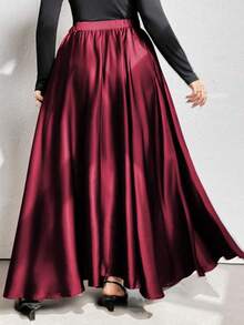 大码女式纯色高腰优雅缎面半身裙，休闲缎面质感带口袋长裙 - 紅色 - 查看 2