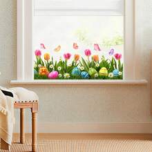 1 pieza Calcomanía de ventana de vidrio con adhesivo estático de huevo de Pascua, tulipán, mariposa y flores de primavera - Multicolor - Ver 3