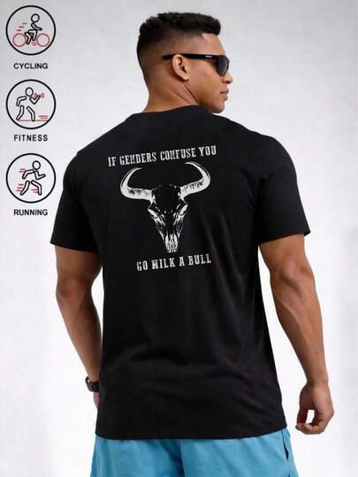Men's Outdoor T-Shirt, Black Crew Neck Short Sleeve, Skull + Denim Print, Suitable For Outdoor Sports, Gym Workouts And Casual Outings