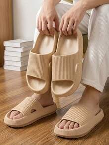 Fashionable New Thick-Sole Soft-Bottom Comfortable Casual Outdoor Lightweight Holiday Beach Slippers, EVA Thick-Sole Material Soft-Bottom Multi-Function Shoes With Simple Vertical Stripe Single Hole Design, Suitable For Indoor And Outdoor Bathroom Occasions, Soft Thick-Sole, Quality Lightweight Comfortable Couples Slippers - Khaki - View 5