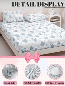 1pc Printed Fitted Sheet (Pillowcase Not Included), Blue Leaf PatternSkin-Friendly Mattress Cover, Pattern Printed Mattress Protector, Comfortable And Soft, Breathable And Warm, Multi-Size, Suitable For Full/Twin/Double/Queen/King Bed, Machine Washable, Home Decoration, Room Decor, Bedroom Decor, Oeko-Tex Certified - Multicolor - View 5