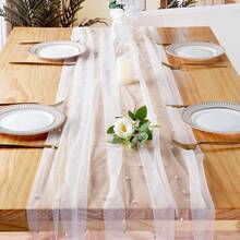 1入組桌布，28吋 x 118吋 (72cm x 300cm) 珍珠網紗桌布，適用於婚禮拱門裝飾、浪漫晚餐裝飾、婚禮、節日和生日派對裝飾用品 - 白色 - 查看 2