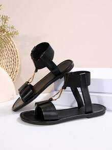 Women's Fashion High-Top Roman Sandals, Minimalist Round Toe Iron Buckle Design Flat Sandals, Elegant Woven Strap Detail Shoes - Black - View 5