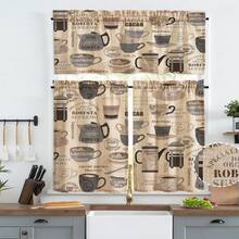 3pcs Coffee Themed Linen Curtains, 2D Flat Design, Suitable For Kitchen & Cafe, Retro Print Semi-Sheer - Multicolor - View 9