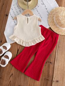 2pcs Baby Girls Summer New Cute Cartoon Strawberry Solid Chiffon Patchwork Ruffle Top + Solid Chiffon Casual Flare Pants Set - Multicolor - View 3