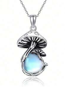 1件波西米亚风水滴形仿月光石蘑菇吊坠项链，适合女性日常、派对、旅行佩戴 - 銀色 - 查看 1