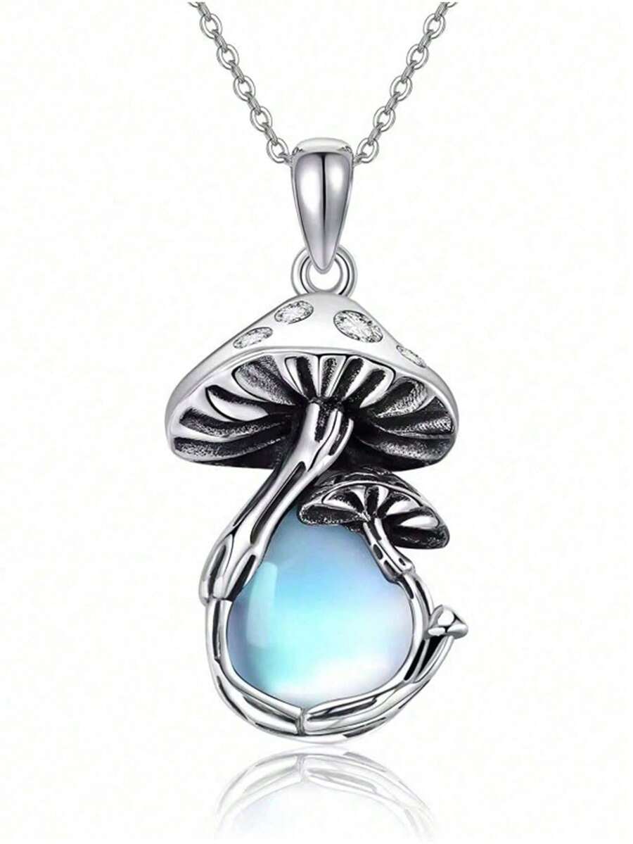 1件波西米亚风水滴形仿月光石蘑菇吊坠项链，适合女性日常、派对、旅行佩戴 - 銀色 - 查看 1