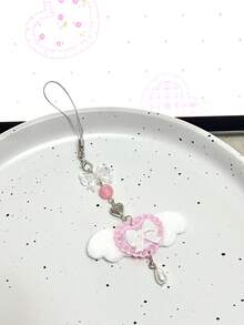 1件可爱粉色绒球项链，毛绒天使翅膀蝴蝶结洛丽塔手机挂饰，包包吊坠，ins风 - 白色 - 查看 1