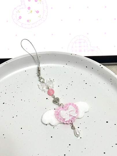 1件可爱粉色绒球项链，毛绒天使翅膀蝴蝶结洛丽塔手机挂饰，包包吊坠，ins风