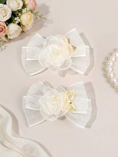 2pcs Beige Tulle Hair Bows For Girls Rose Shaped Decor Bow Alligator Clips Elegant Wedding Hair Clips Vacation Barrettes Simple Daily Hairpins Teens Hair Accessories