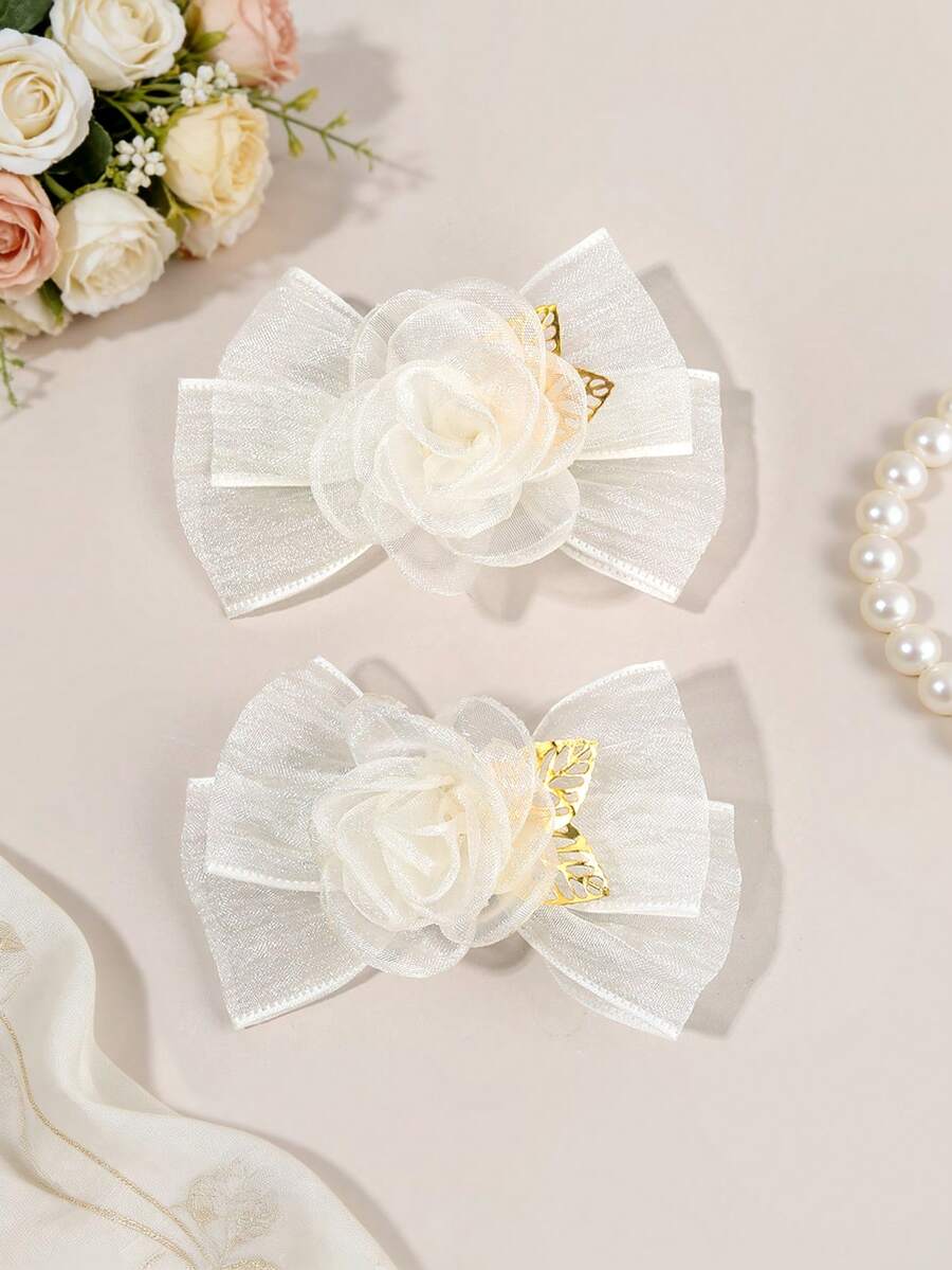 2pcs Beige Tulle Hair Bows For Girls Rose Shaped Decor Bow Alligator Clips Elegant Wedding Hair Clips Vacation Barrettes Simple Daily Hairpins Teens Hair Accessories - Beige - View 1